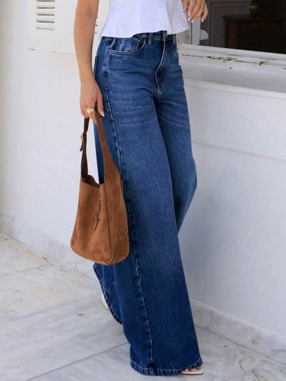 Dark Blue Casual Women's Loose Straight Leg Pocket Jeans